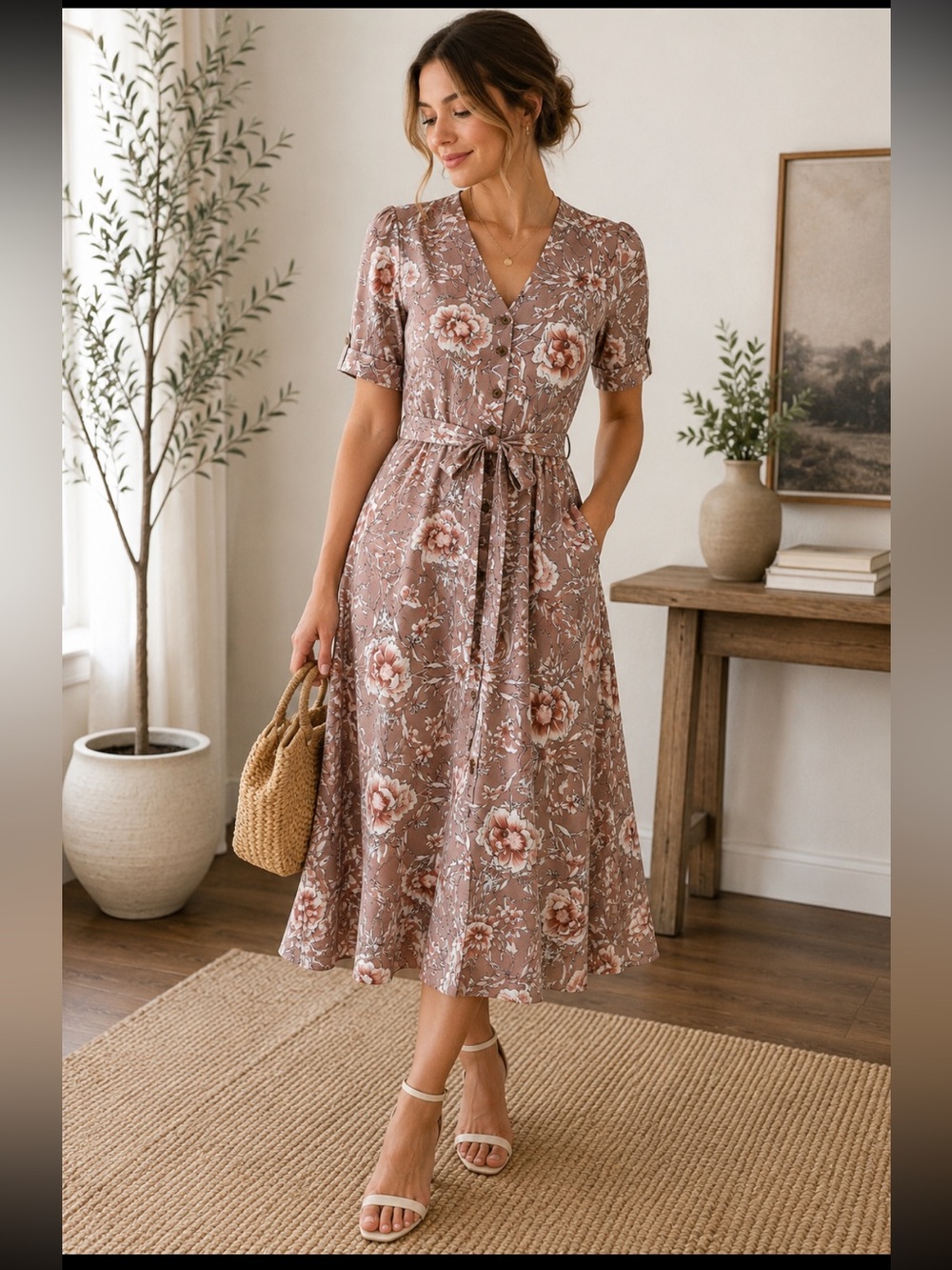 111 Louche London Verna Wildrose Floral Midi Dress XS US 4 Belted Button Front